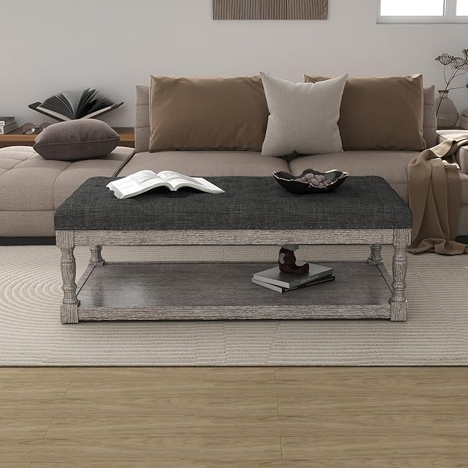 48" Large Ottoman with Storage Coffee Table, Upholstered Tufted Linen Ottoman Bench with Solid Wood Shelf for Living Room, Bedroom, Holds 250lbs (Dark Gray)