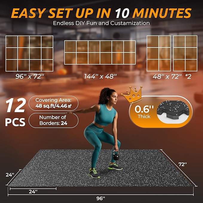 PRAISUN 0.6" Thicker Gym Mat, 12 Tiles 48 Sq Ft Workout Mats, Interlocking Foam Tiles with Rubber Top, High Density EVA Foam, Exercise Mat, Gym Flooring for Home Gym, Garage, 24 x 24in, Black/Grey