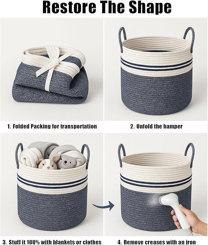 Woven Laundry Basket Hamper,60L Versatile Storage for Blankets,Toys and Clothes,Decorative and Storage for Living Room,Bathroom and Bedroom and Baby Nursery（Large-Blue）