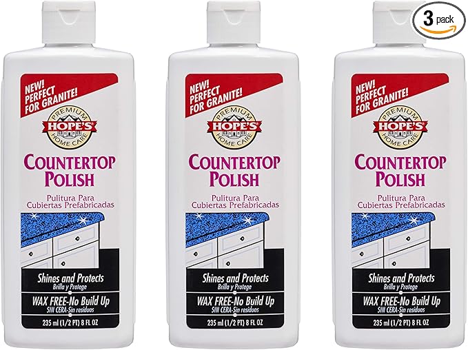 HOPE'S Countertop Restoration Polish, Streak-Free Kitchen Counter Cleaner, No Buildup on Countertops, Quartz, Marble, Corian, Composite, and Granite Polish, 8 Fl Oz, Pack of 3