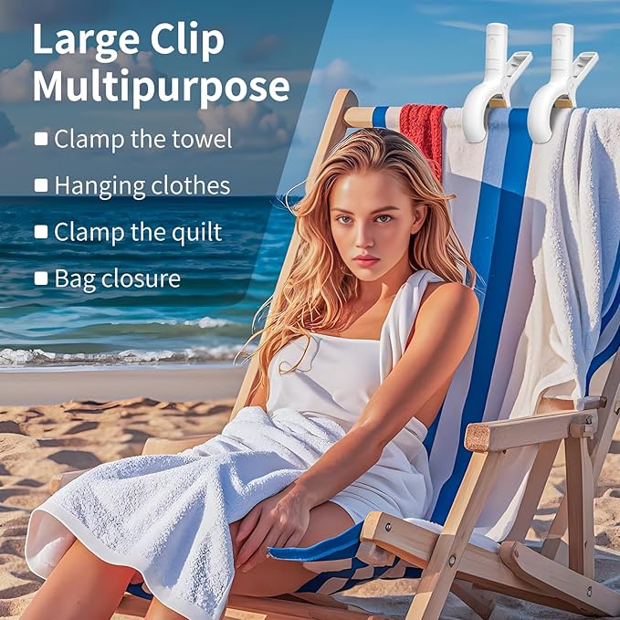 Senbowe Extra Large 6 Pack Beach Towel Clips, 5.1 Inch Pool Chair Clips,Heavy Duty Plastic Clothes Pins,Quilt Drying Clips,Windproof Clothes Clips,Keep Your Towel,Blankets to Dry on Clothesline