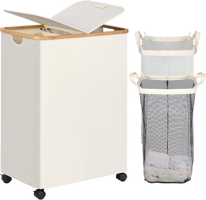 efluky Double Laundry Hamper with Wheels, Divided Laundry Hamper with Removable Bags, 2 Section Dirty Clothes Basket with Handles for Bathroom, Bedroom & Laundry Room, 160L Beige