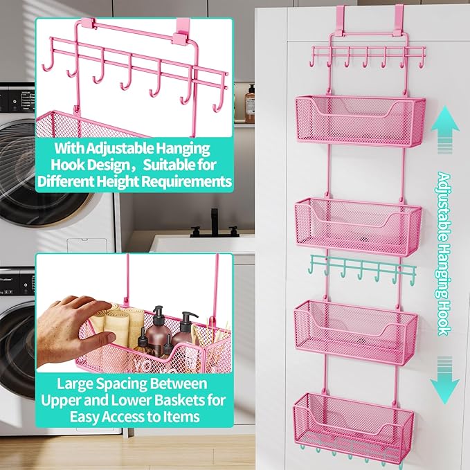 HapiRm Over Door Organizer Storage - Hanging Door Organizer with 4 Metal Large Capacity Baskets and Adjustable Coat Hook for Bathroom Bedroom Kitchen Pantry Closet Cabinet