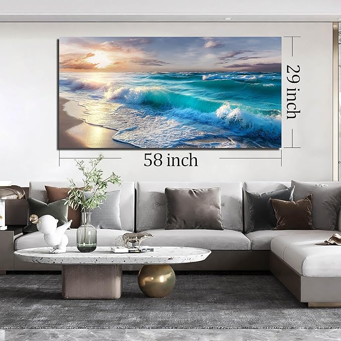 GUGIKA Ocean Wall Art for Living Room, Blue Wave and Large Coastal Beach Canvas Wall-Decor for Bedroom, Gold Sun Scenery Pictures for Hallway Office, Size 59 x 29 Inches