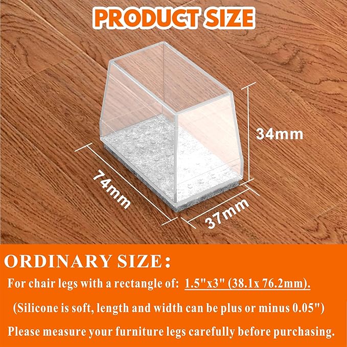 Rectangle Chair Leg Protectors for Hardwood Floors,16 PCS Silicone Covers to Protect Wood Tile Floors Felt Pads Furniture Leg Caps Reduce Noise. Easy to Move. (Clear,1.5 x 3 Inch, Rectangular)