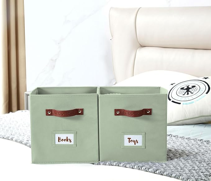 DECOMOMO Storage Baskets, 13x15x13 Storage Cube Bins with Labels for Organizing Shelves Kallax (Kallax / 4pcs, Sage Green)
