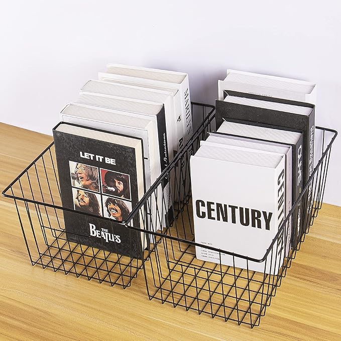 16inch Freezer Wire Storage Organizer Baskets, Household Refrigerator Bin with Built-in Handles for Cabinet, Pantry, Closet, Bedroom Black,4pack