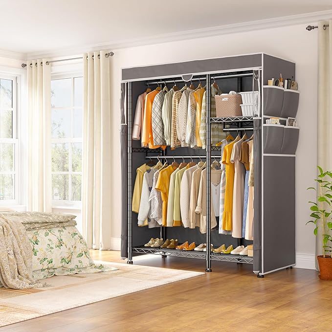 Raybee Clothes Rack with Cover,Clothing Racks for Hanging Clothes with Wheels and Adjustable Feets,Rolling Heavy Duty Garment Rack,Black
