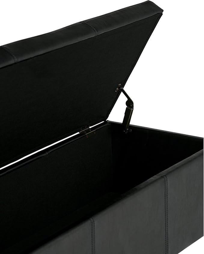 SIMPLIHOME Avalon 48 inch Wide Contemporary Rectangle Storage Ottoman Bench in Midnight Black Vegan Faux Leather, Assembled, for the Living Room, Entryway and Family Room