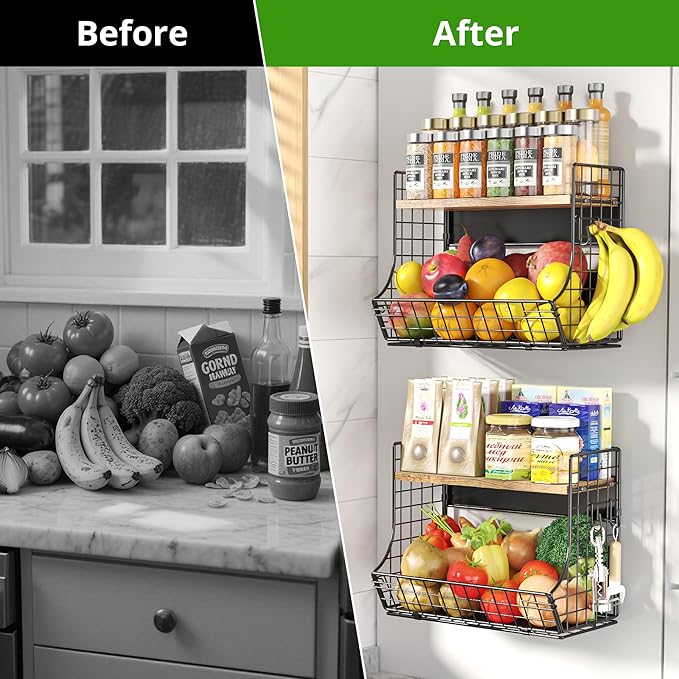2 Pack Magnetic Shelf for Fridge with Wood Lid, Fruit Potato and Onion Storage Bins, Pantry Organizers and Storage, Strong Magnetic Spice Rack for Refrigerator, Kitchen Counter and Laundry Room