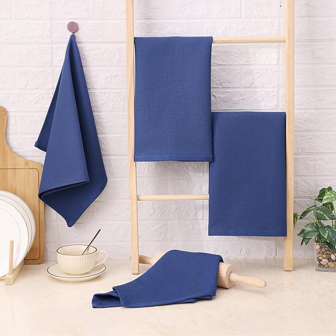 Homaxy 100% Cotton Kitchen Towels and Dishcloths Set - 8 Pack Waffle Weave Soft and Absorbent Dish Towels - 26 X 16 Inch and 12 X 12 Inch - Navy Blue