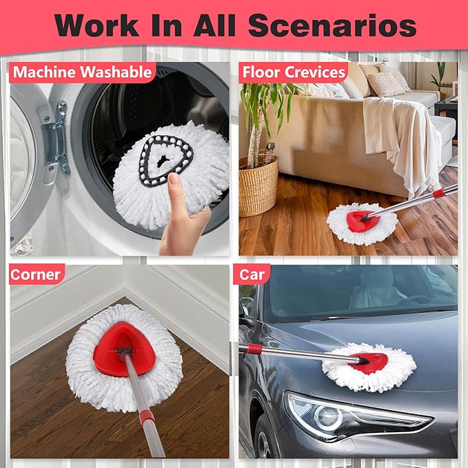 Mop Heads Replacements Complete Combo for O-Ceda,4 Pcs Red Machine Washable Microfiber Spin Mop Refills Replace Heads,2 Scrub Brushs,1 Base,1 Set Handle,Spin Mop Replacements for Tub and Tile Cleaning