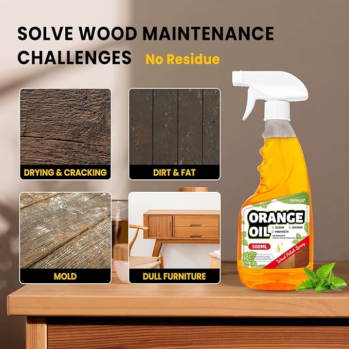 PIPIHUA Wood Oil Polish Spray, Shines & Protects, Wood Furniture Cleaner and Polish for Cabinets Tables Floors Mint Scent 16.9 oz