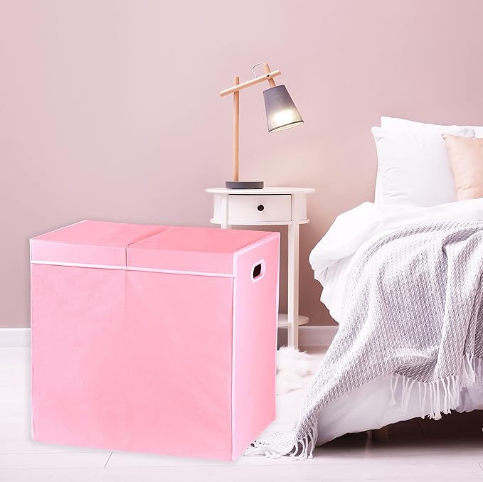 Simple Houseware Double Laundry Hamper with Lid and Removable Bags, Pink