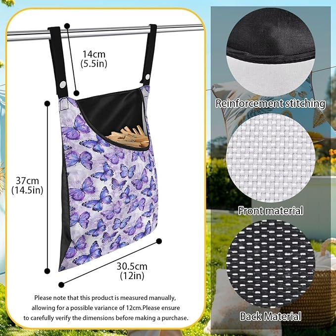 2 Pcs Butterfly Purple Clothespin Bag for Clothesline Outdoor, Soft & Lightweight Hanging Bag for Laundry, Clothes Pins Bag Holder Outdoor, Clothes Pin Bag for Outside