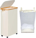 efluky Slim Laundry Basket with Wheels, Narrow Rolling Laundry Hamper with Lid and Removable Bag, Aesthetic Dirty Clothes Hamper on Wheels for Laundry Room, Bedroom, Dorm and Bathroom, 75L Beige