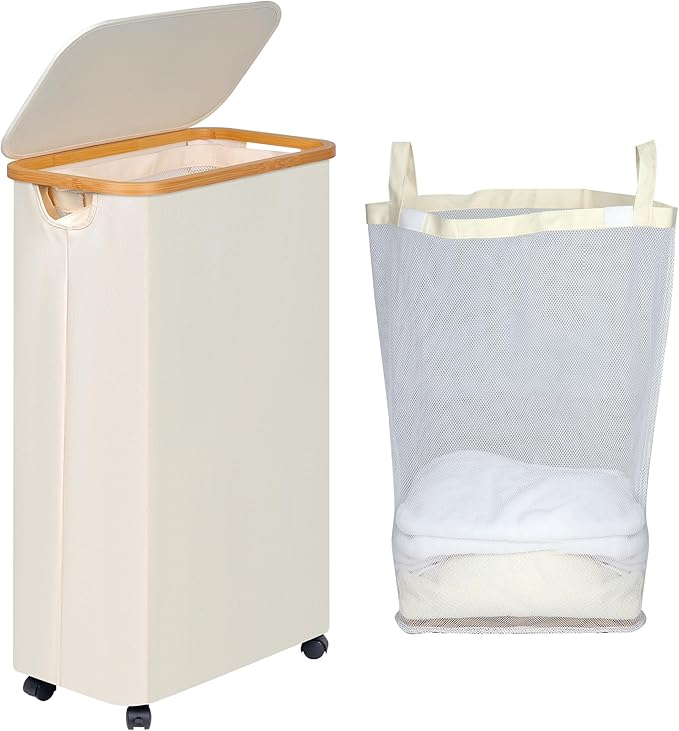 efluky Slim Laundry Basket with Wheels, Narrow Rolling Laundry Hamper with Lid and Removable Bag, Aesthetic Dirty Clothes Hamper on Wheels for Laundry Room, Bedroom, Dorm and Bathroom, 75L Beige