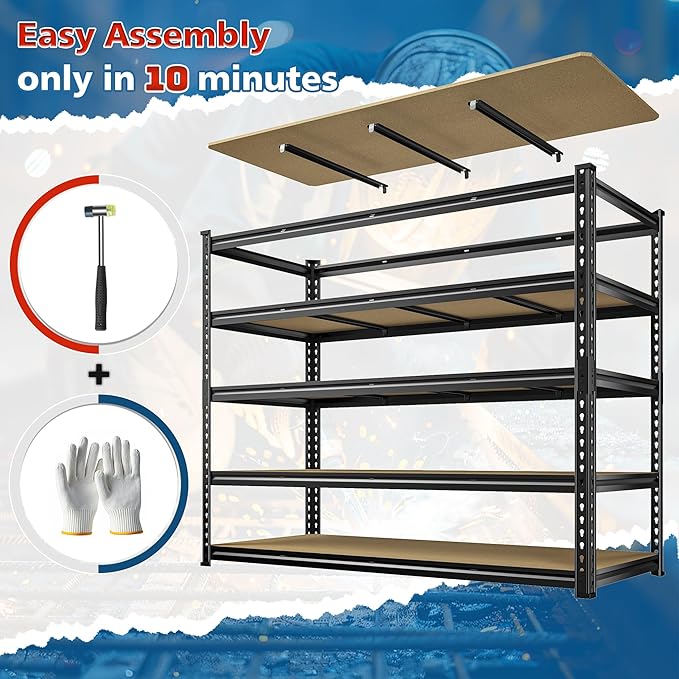59.8"W Garage Shelving 72"H Storage Shelves 2750LBS Metal Shelving Heavy Duty Garage Shelves Adjustable 5 Tier Metal Shelf for Basement Warehouse Pantry Supermarket 59.8"W x 24"D x 72"H