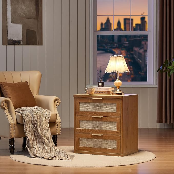 LEYAOYAO Rattan Night Stand Set of 2 with Drawers, 23" Large 3 Drawer Boho Nightstand, Natural Wood Bedside Table Storage Cabinet, Bed Side End Tables Dresser for Bedroom, Living Room, Hallway, Closet
