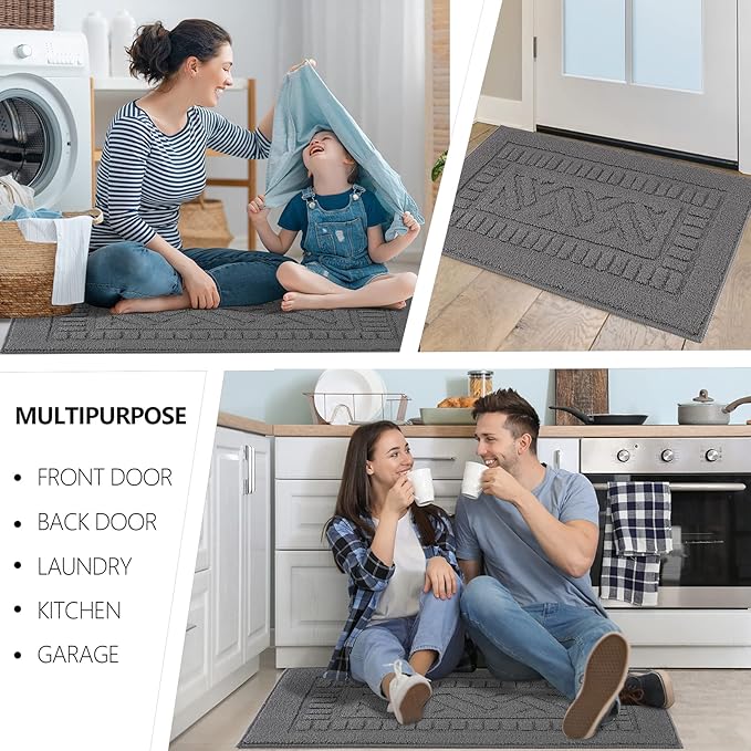 FONEYI Indoor Doormat, Front Back Door Mat Rubber Backing Non Slip Door Mats, 32"x40" Low-Profile Absorbent Resist Dirt Entryway Doormat Inside Floor Mats Entrance Washable, Entry Doormats, Grey