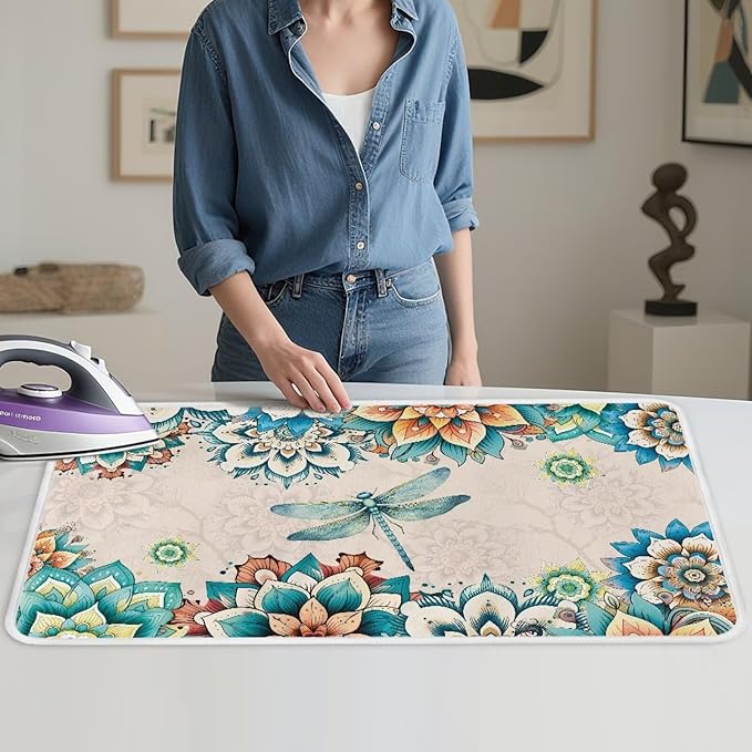 Bohemian Folding Ironing Mat Heat and Steam Resistant Dragonfly Ironing Pad 32 x 16 Inch Foldable Iron Mat for Table Top Washer,Dryer,Large Iron Board Mats Irons Pad