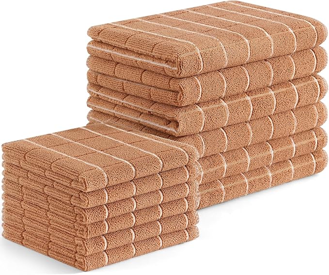 Homaxy Microfiber Kitchen Towels and Dishcloths Set, 12 Pack Soft and Absorbent Dish Hand Towels Bulk, 28 x 16 Inch & 12 x 12 Inch Quick Drying Rags for Washing Dishes, Camel