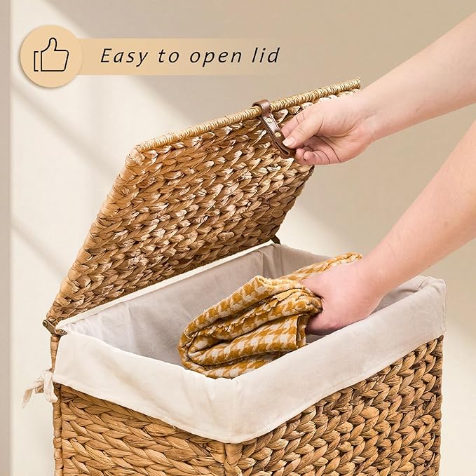 Handwoven Laundry Basket with Lid, Natural Water Hyacinth Storage Basket with Handle, Removable Cotton Liner, Durable and Stylish for Bedroom, Bathroom, Laundry Room
