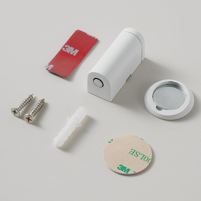 Windproof Magnetic Door Stoppers, 0-0.78" Stroke Mechanical Doorstop, No-Hole Flooring Door Suction with 3M Strong Adhesive and Screws, White, 1 Pack