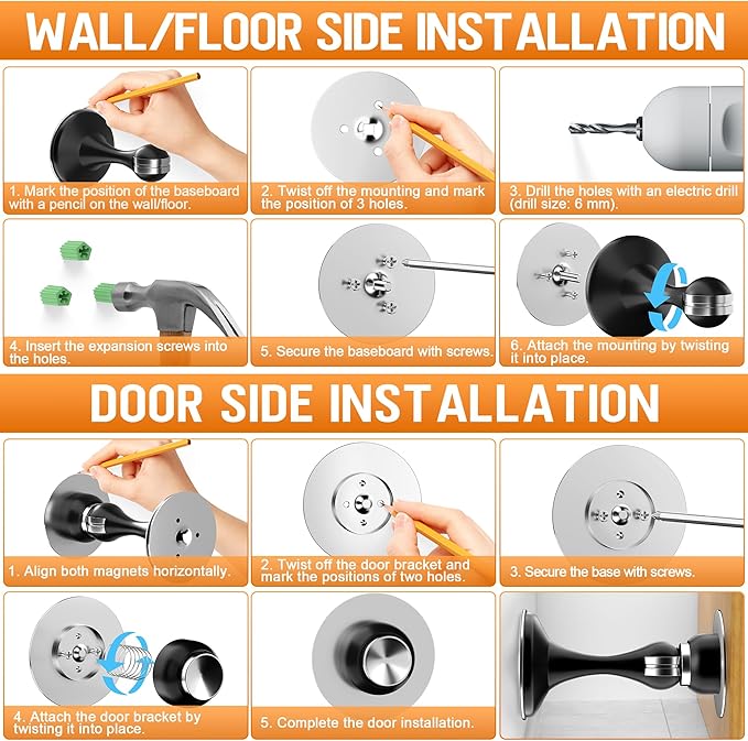 Crosize Magnetic Door Stoppers 2 Pack, Stainless Steel Door Catch for Wall and Floor Mounting, Door Holder Keep Door Open, No Drilling Door Stop with Adhesive Tapes, Black