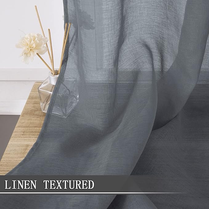 Tollpiz Sheer Curtains Linen Textured Bedroom Curtain Sheers Light Filtering Rod Pocket Voile Curtains for Living Room, 54 x 63 inches Long, Dark Grey, Set of 2 Panels