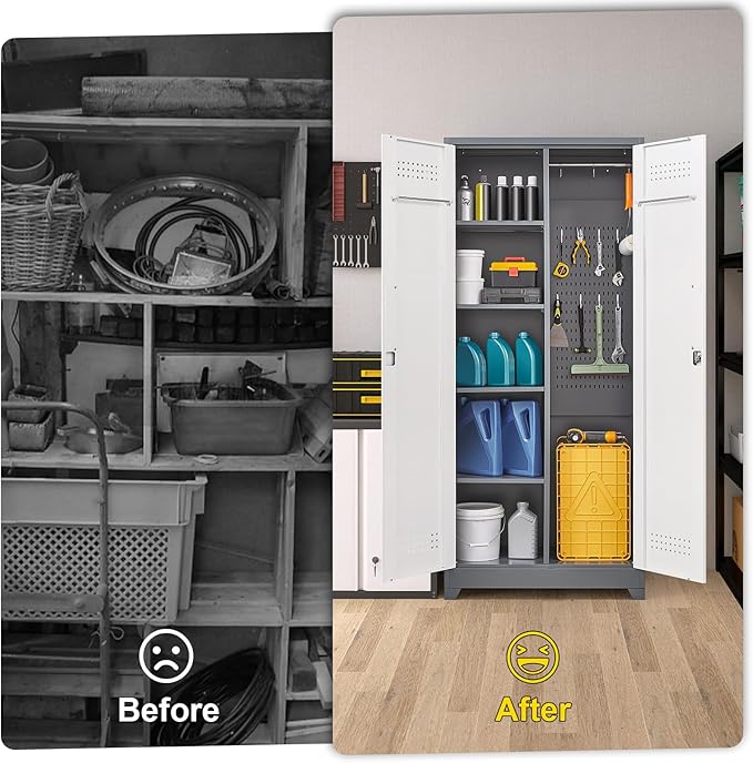 Broom Storage Cabinet, Metal Cabinet with Shelves and Hanging Rod, 72.8" Utility Cabinets with Locking Door, Tall Cleaning Storage for Kitchen, Pantry, Office, Shop, Garage