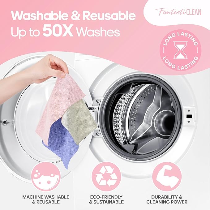 Fantasticlean Microfiber Cleaning Cloth Roll 4 Rolls 240 Pack, Tear Away Paperless Towels, 8" x 8", Reusable Washable Rags, Home Kitchen, Pet, Office, Indoor Outdoor, Portable (2Pink 2Light-Purple)