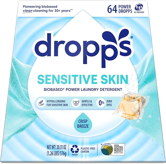 Dropps Sensitive Skin Laundry Detergent Pods, Crisp Breeze (64 Count) - Dermatologist Tested Laundry Pods - HE Compatible Laundry Supplies for Clean Clothes, Vegan & Dye-Free