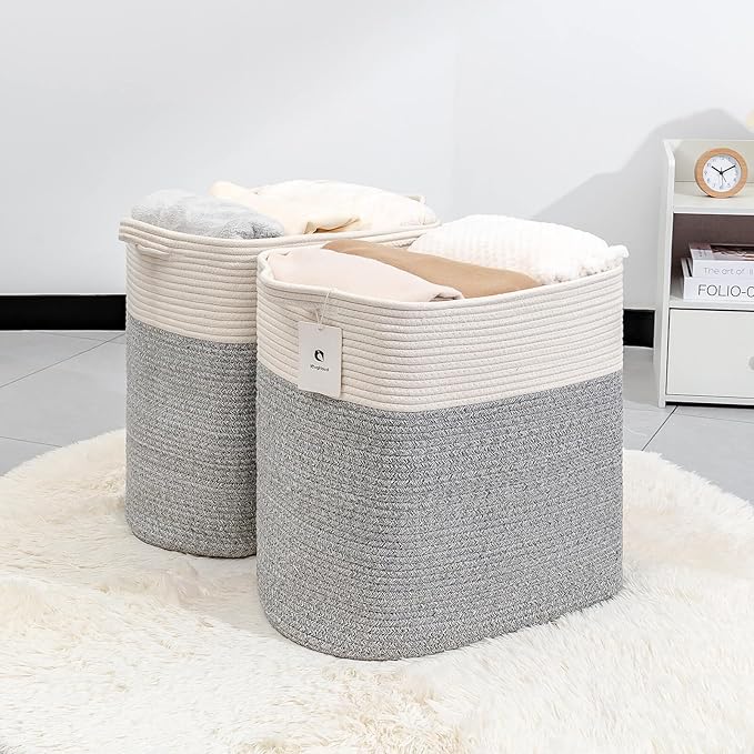 Storage Baskets for Clothes Fabric Cotton Rope Storage Basket with Handles, Decorative Woven Basket for Living Room,Closet Organizer Blankets, and 2bags (Silver Gray, L14×W11×H14)