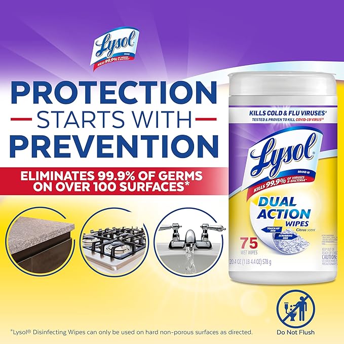 Lysol Dual Action Disinfectant Wipes, Multi-Surface Antibacterial Scrubbing Wipes, For Disinfecting and Cleaning, Citrus Scent, 75ct (Pack of 12), Packaging May Vary