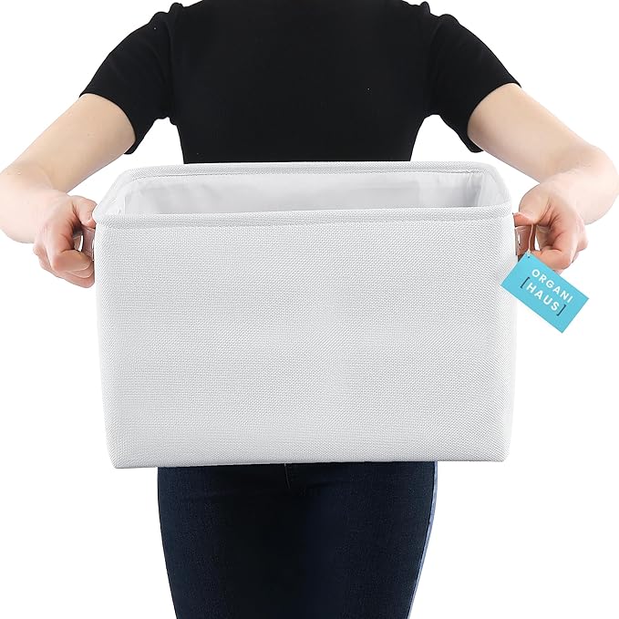 OrganiHaus Large Fabric Storage Baskets for Shelves 3 Pack, 15x11in Closet Storage Bins for Shelves, Cloth Baskets for Organizing, Linen Closet Organizers, Fabric Basket - Off-White