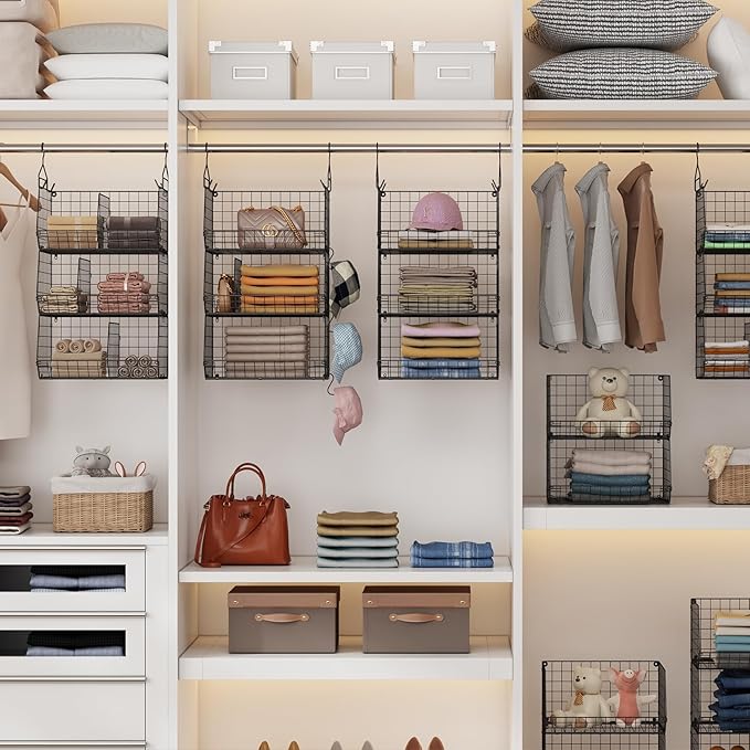 3 Tier Closet Hanging Shelves with Divider, Extra Large Closet Organizers and Storage, Clothes Hanging Organizer Clothing Sweaters Handbags Clutches Accessories