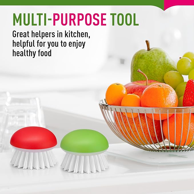 Vegetable Brush Scrubber for Food – 2Pcs Set Fruit and Veggie Brush – Silicone Top and Ultra-Strong Bristles Potato Scrubber – Palm Held Ergonomic Design – Easy to Clean – Red and Green