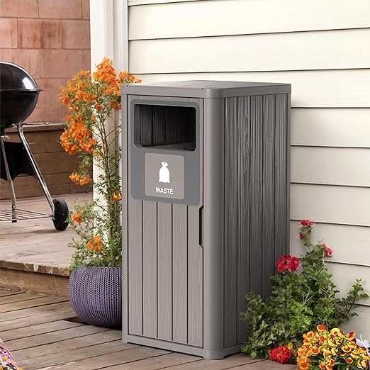 Outdoor Single Barrel Trash Can,Waterproof Resin Garbage Can with Garbage Labels,Durable Waste Bin for Porch, Backyard,Kitchen,for 30 to 39 Gallon Trash Bags