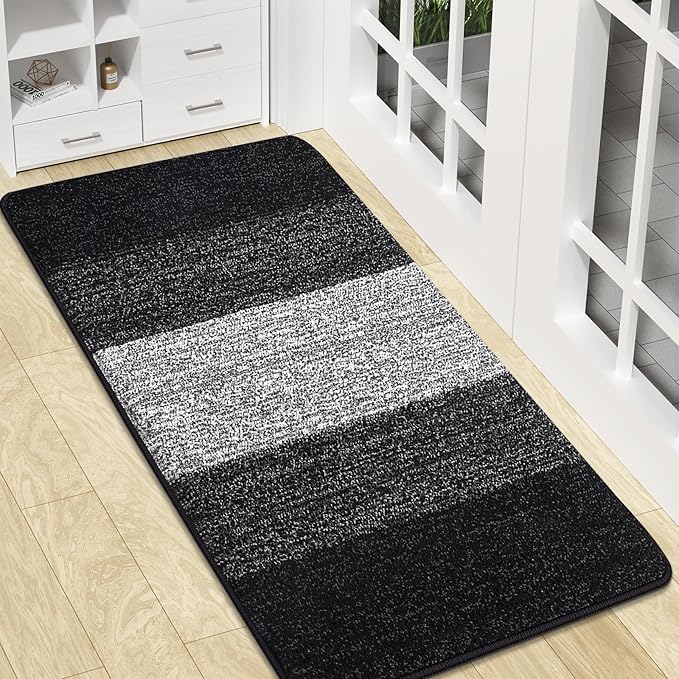 Kitinjoy Indoor Outdoor Door Mat, 47x20 Non-Slip Absorbent Dirt Trapper, Low-Profile Washable Inside Entrance Front Floor Mat, Sturdy Soft Entry Doormats for Entryway, Black