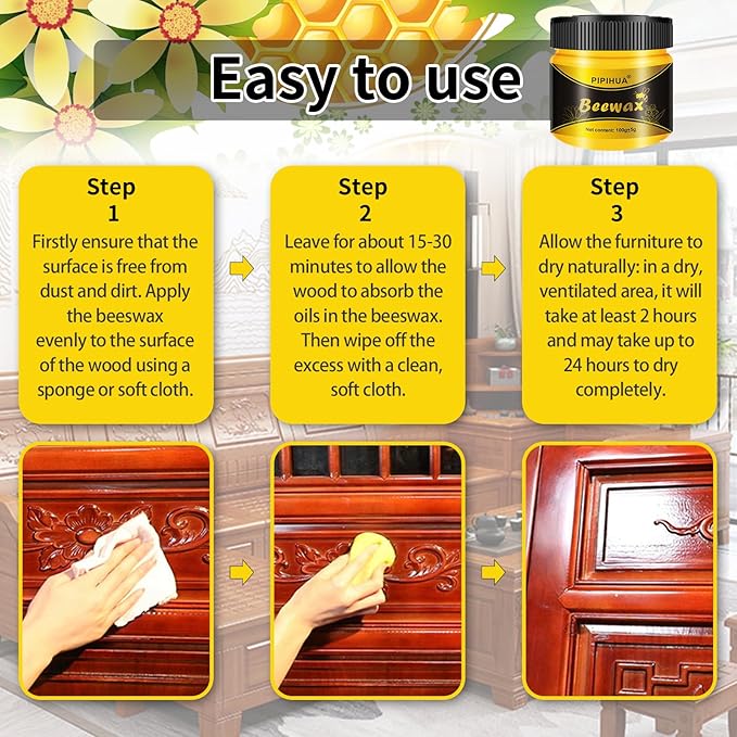 PIPIHUA Beeswax Polish and Conditioner for Wood Furniture - Waterproof & Restorer Wood Wax, Multipurpose Beeswax Furniture Polish and Cleaner for All Types and Colours(4×100g with 8 Sponges)