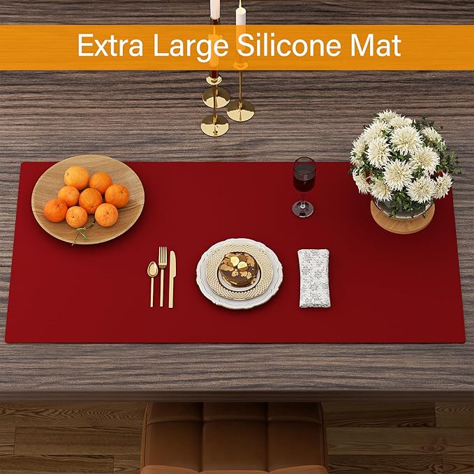 Quality Silicone Table Mat 47x24 Inch - High Heat Resistant (Lab Tested 482°F), Non-Slip Oil-Resistant Surface for Baking & DIY | Waterproof & Easy Clean (Red)