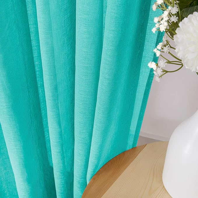 Tollpiz Short Sheer Curtain Linen Textured Bedroom Curtains Sheer Light Filtering Rod Pocket Voile Curtain for Living Room, 54 x 54 inches Long, Aqua Blue, Set of 2 Panels