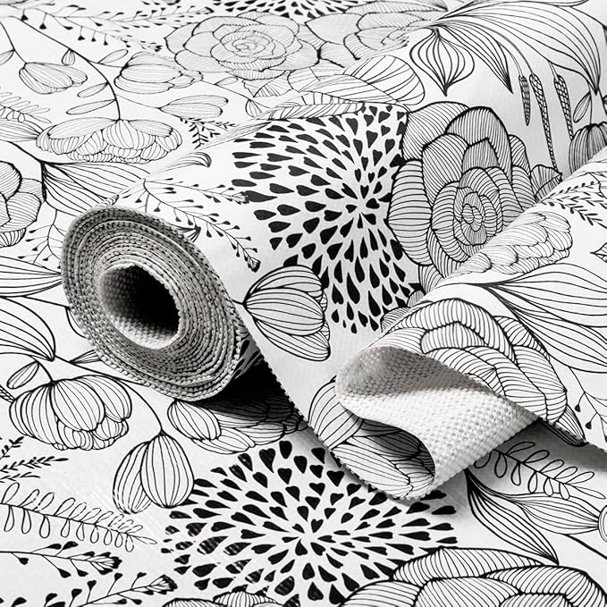 Floral Drawer and Shelf Liner for Kitchen 12IN x 20FT, Non-Adhesive and Strong Non-Slip Cabinet Drawer Liners, Waterproof Thickened Shelf Liner,Easy to Clean,Black and White