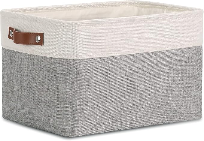 DULLEMELO Collapsible Rectangle Storage Basket for Shelves/Closets - Organize Clothes, Toys, Towels, Books, Laundry, Nursery, Dog Toys - Empty (White & Gray)