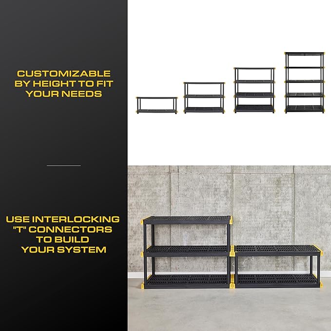 CX Black & Yellow®, 5-Tier Heavy Duty Plastic Storage Shelving Unit, 200lbs/shelf (72”H x 48”W x 20”D), for Indoor/Outdoor Organization, Modular Rack