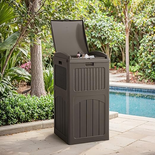 Flamaker 30 Gallon Trash Can, Resin Outdoor Garbage Can with Lid, Waterproof Hideaway Patio Waste Bins for Outside Use (Deep Brown)