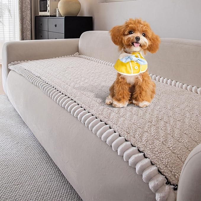 OTOB Sofa Covers for 3 Cushion Couch Washable, All Seasons Fuzzy Non Slip Kids & Pet Friendly Dog Bed Mats Couch Cover, Soft Plush Sofa Slipcovers Furniture Protector (Beige, 27.6" x 70.9'')