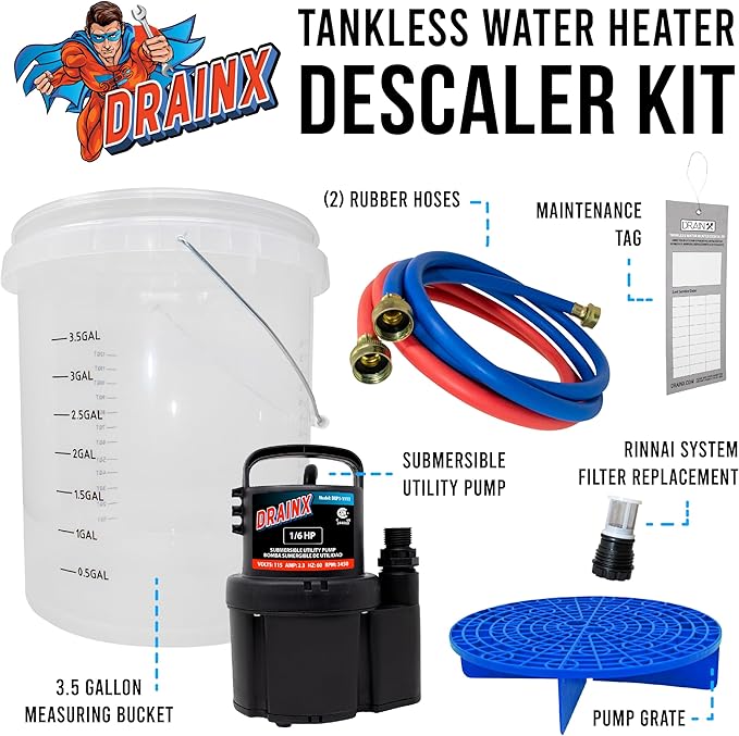 DrainX Tankless Water Heater Flushing Kit Includes Pump, Hoses, Bucket, Maintenance Log, and Replacement Filter for Rinnai Systems – Just Add Vinegar or our Own Descaler