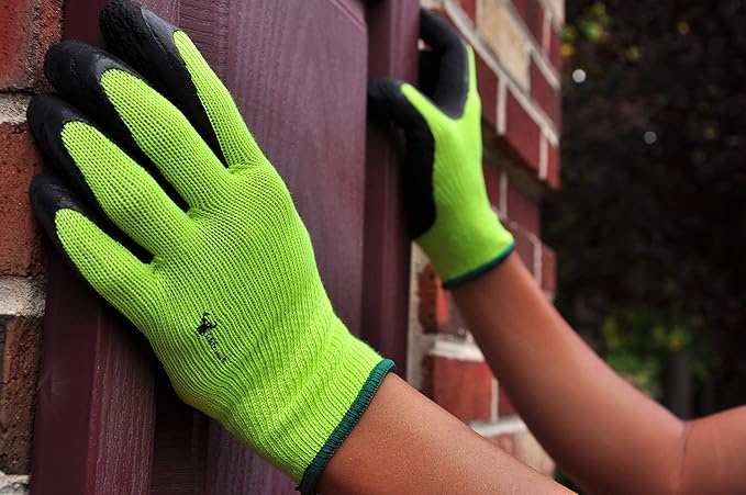 G & F 1516 12 Pairs Pack Premium High Visibility Low emissions Green Work and gardening Gloves for Men and Women.MicroFoam Textured Coated Palm and Fingers Gloves for Gardening Work,Size Medium,Green